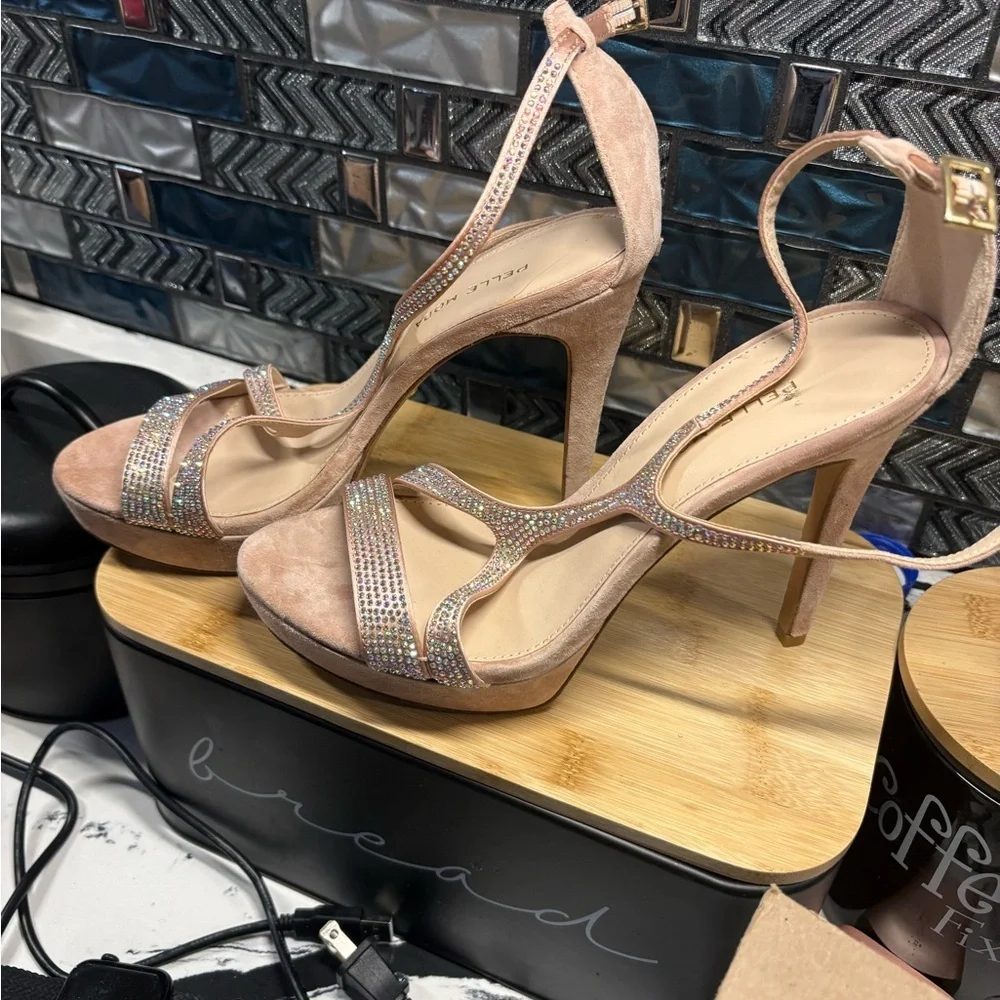Pelle Moda Blush Pink Crystal T-Strap Stiletto Sandals